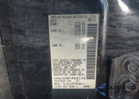 2011 Nissan Maxima 3.5 Sv z USA, uszkodzony, nr VIN 1N4AA5AP8BC868538